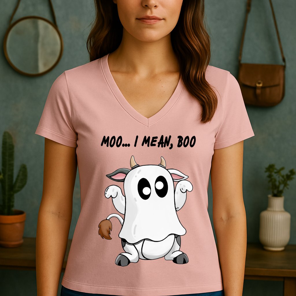Ghost Cow Moo I Mean Bo Funny Halloween Women's V-Neck T-Shirt