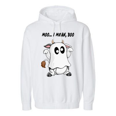 Ghost Cow Moo I Mean Bo Funny Halloween Garment-Dyed Fleece Hoodie