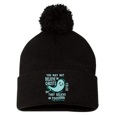 Ghosts Believe In You Funny Halloween Pom Pom 12in Knit Beanie