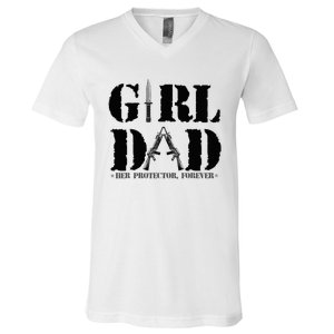 GirlDad Her Protector Forever Funny Father of daughter V-Neck T-Shirt