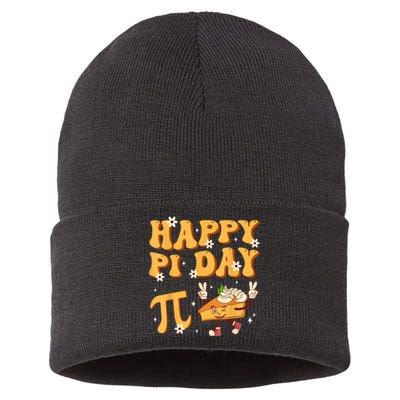 Groovy Happy Pi Day Mathematics Math Teacher Pi Day 3.14 Sustainable Knit Beanie