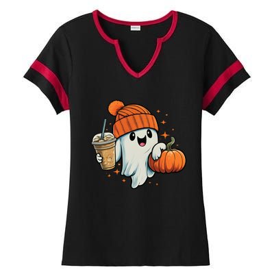 Ghost Hold Pumpkin Ing Coffee Halloween Iced Coffee Gift Ladies Halftime Notch Neck Tee