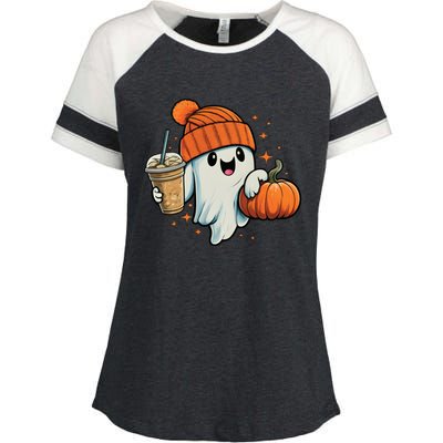 Ghost Hold Pumpkin Ing Coffee Halloween Iced Coffee Gift Enza Ladies Jersey Colorblock Tee