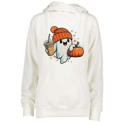 Ghost Hold Pumpkin Ing Coffee Halloween Iced Coffee Gift Womens Funnel Neck Pullover Hood