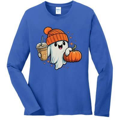 Ghost Hold Pumpkin Ing Coffee Halloween Iced Coffee Gift Ladies Long Sleeve Shirt