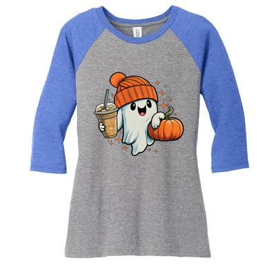 Ghost Hold Pumpkin Ing Coffee Halloween Iced Coffee Gift Women's Tri-Blend 3/4-Sleeve Raglan Shirt