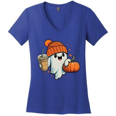 Ghost Hold Pumpkin Ing Coffee Halloween Iced Coffee Gift Women's V-Neck T-Shirt