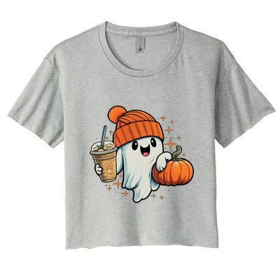 Ghost Hold Pumpkin Ing Coffee Halloween Iced Coffee Gift Women's Crop Top Tee