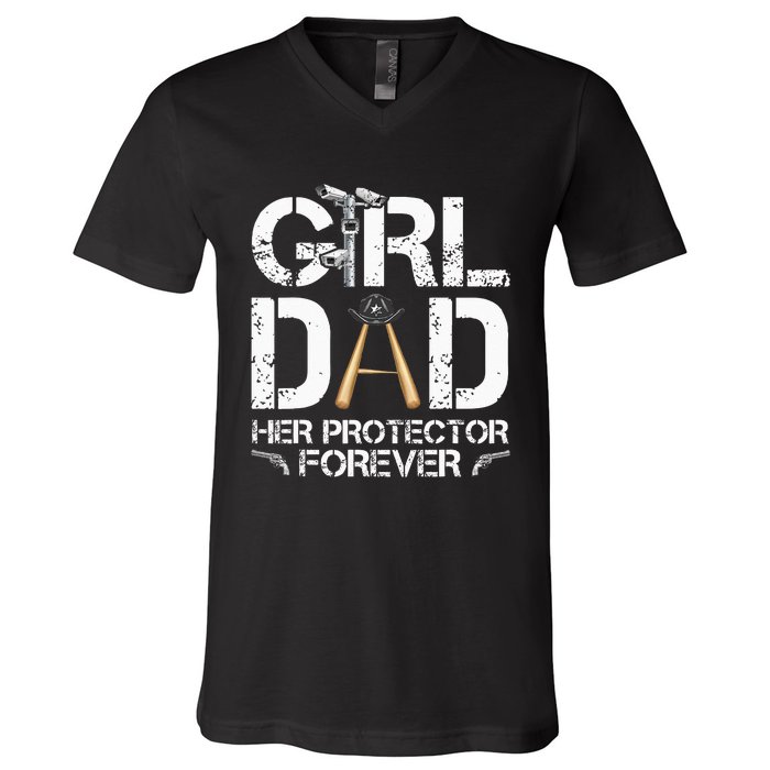 GirlDad Her Protector Forever Funny Father V-Neck T-Shirt