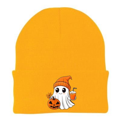 Ghost Holding Pumpkin Coffee Cup Halloween Trick Or Treat Gift Knit Cap Winter Beanie