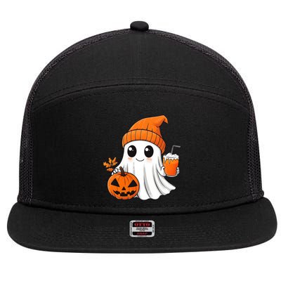 Ghost Holding Pumpkin Coffee Cup Halloween Trick Or Treat Gift 7 Panel Mesh Trucker Snapback Hat