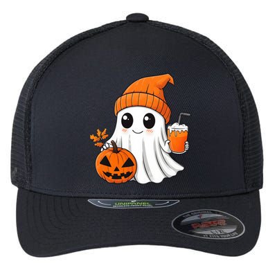 Ghost Holding Pumpkin Coffee Cup Halloween Trick Or Treat Gift Flexfit Unipanel Trucker Cap