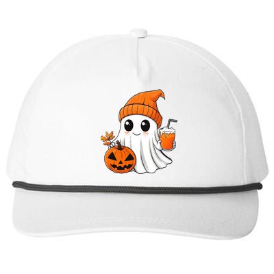 Ghost Holding Pumpkin Coffee Cup Halloween Trick Or Treat Gift Snapback Five-Panel Rope Hat