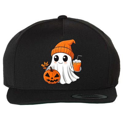 Ghost Holding Pumpkin Coffee Cup Halloween Trick Or Treat Gift Wool Snapback Cap