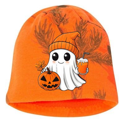 Ghost Holding Pumpkin Coffee Cup Halloween Trick Or Treat Gift Kati - Camo Knit Beanie