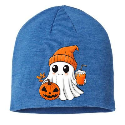 Ghost Holding Pumpkin Coffee Cup Halloween Trick Or Treat Gift Sustainable Beanie