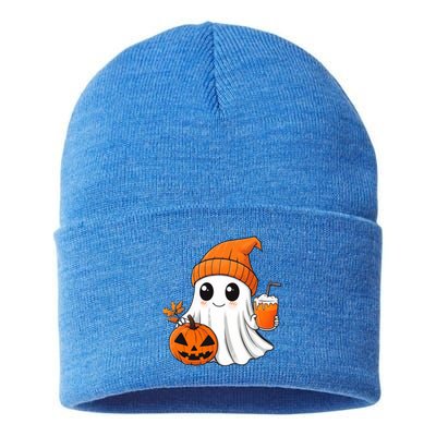 Ghost Holding Pumpkin Coffee Cup Halloween Trick Or Treat Gift Sustainable Knit Beanie