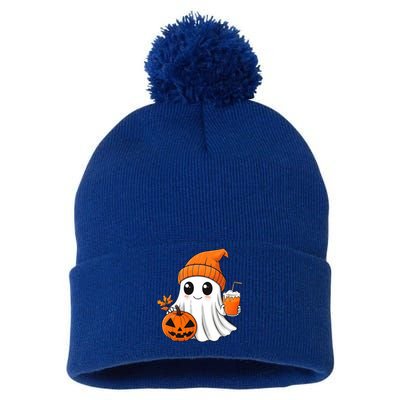 Ghost Holding Pumpkin Coffee Cup Halloween Trick Or Treat Gift Pom Pom 12in Knit Beanie