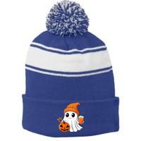 Ghost Holding Pumpkin Coffee Cup Halloween Trick Or Treat Gift Stripe Pom Pom Beanie