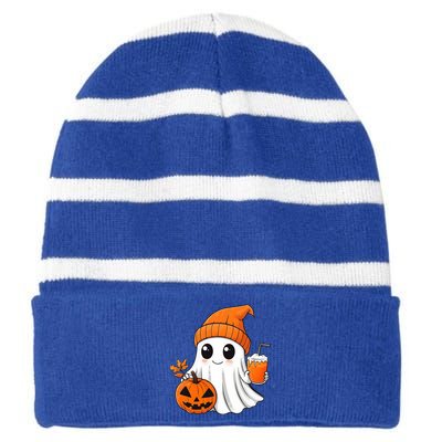 Ghost Holding Pumpkin Coffee Cup Halloween Trick Or Treat Gift Striped Beanie with Solid Band