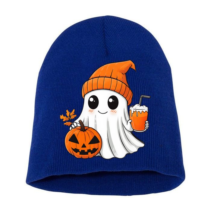 Ghost Holding Pumpkin Coffee Cup Halloween Trick Or Treat Gift Short Acrylic Beanie