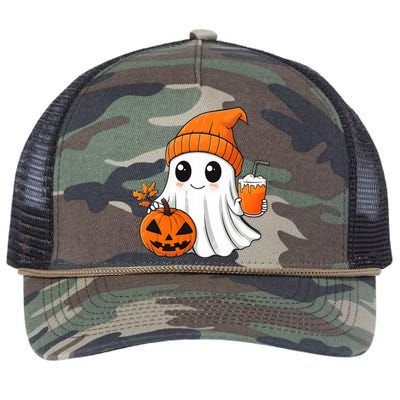 Ghost Holding Pumpkin Coffee Cup Halloween Trick Or Treat Gift Retro Rope Trucker Hat Cap