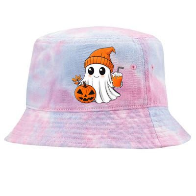 Ghost Holding Pumpkin Coffee Cup Halloween Trick Or Treat Gift Tie-Dyed Bucket Hat