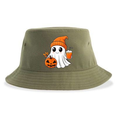 Ghost Holding Pumpkin Coffee Cup Halloween Trick Or Treat Gift Sustainable Bucket Hat