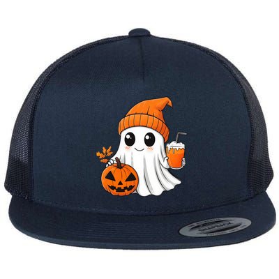 Ghost Holding Pumpkin Coffee Cup Halloween Trick Or Treat Gift Flat Bill Trucker Hat