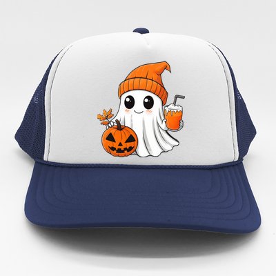 Ghost Holding Pumpkin Coffee Cup Halloween Trick Or Treat Gift Trucker Hat