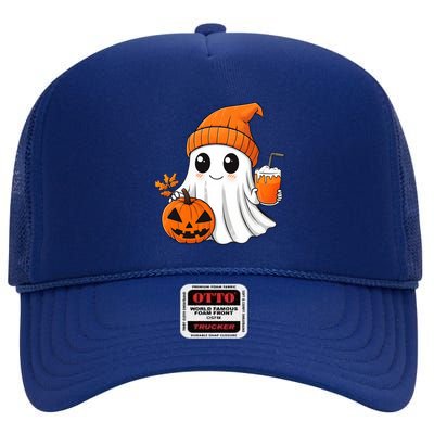 Ghost Holding Pumpkin Coffee Cup Halloween Trick Or Treat Gift High Crown Mesh Back Trucker Hat