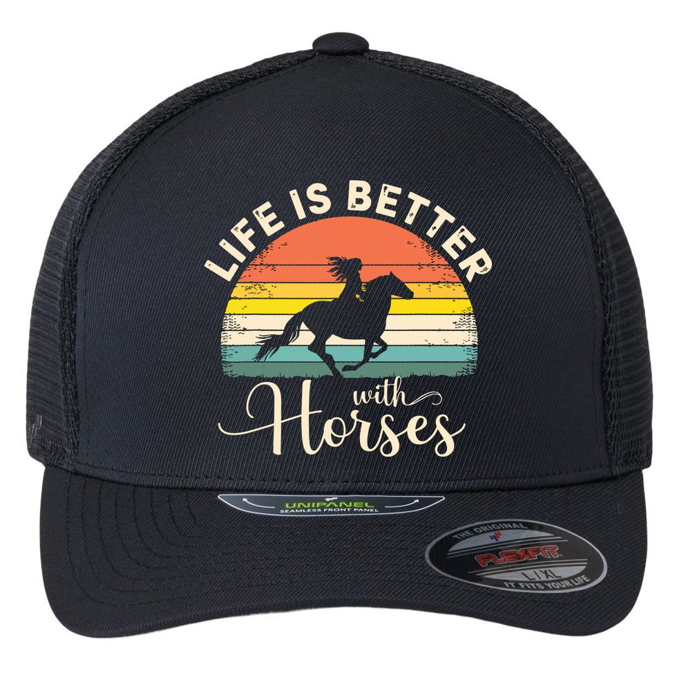 Girl Horse Riding Vintage Life Is Better With Horses Flexfit Unipanel Trucker Cap
