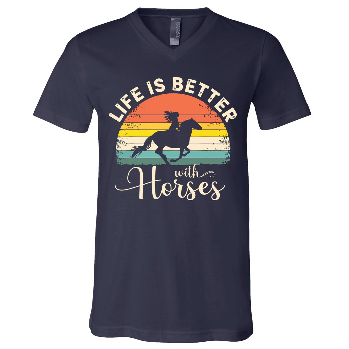 Girl Horse Riding Vintage Life Is Better With Horses V-Neck T-Shirt