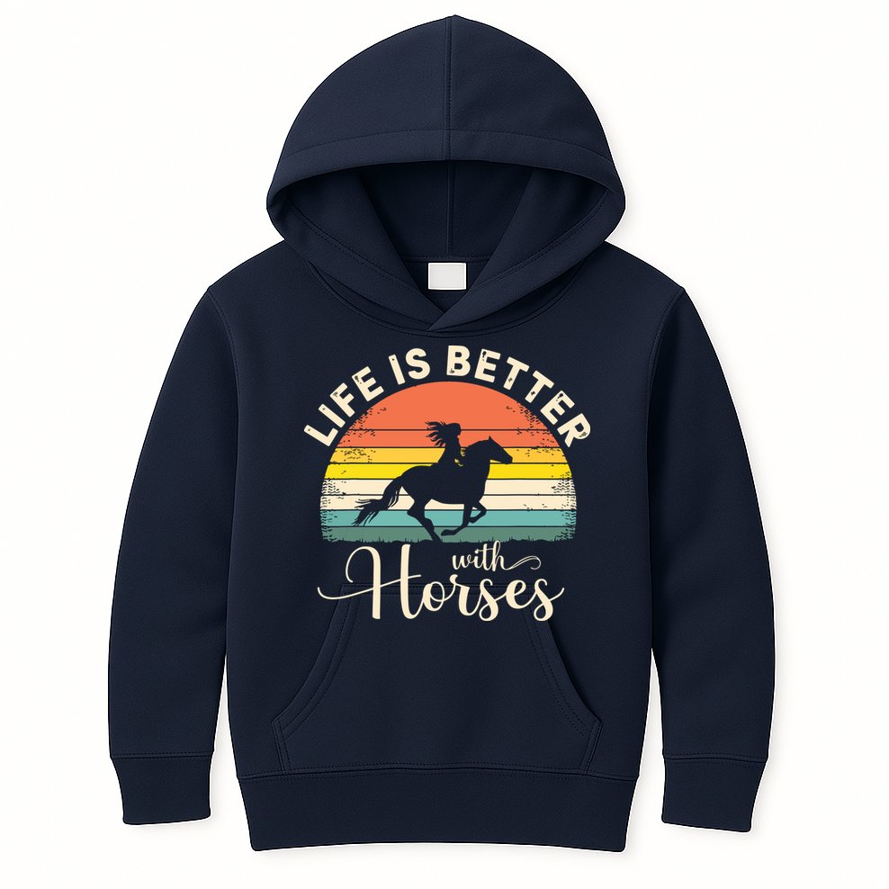 Girl Horse Riding Vintage Life Is Better With Horses Kids Hoodie