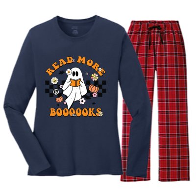 Groovy Halloween Read More Books Cute Boo Read A Book Women's Long Sleeve Flannel Pajama Set 