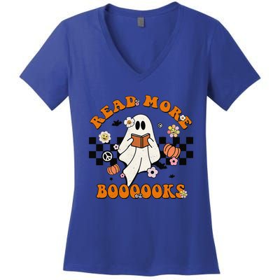 Groovy Halloween Read More Books Cute Boo Read A Book Women's V-Neck T-Shirt