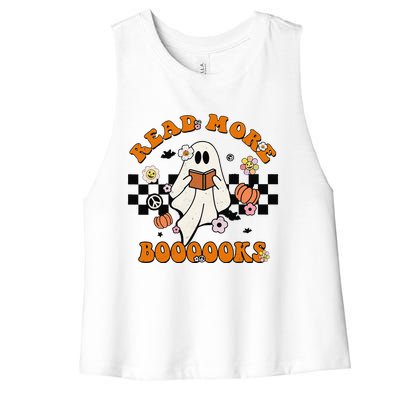 Groovy Halloween Read More Books Cute Boo Read A Book Women's Racerback Cropped Tank