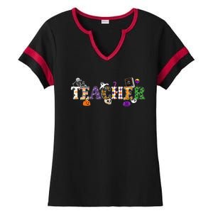 Groovy Halloween Retro Teacher Life Ladies Halftime Notch Neck Tee