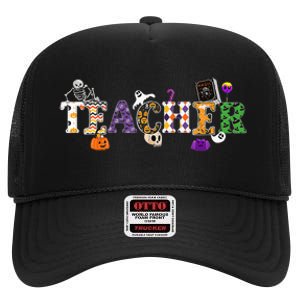 Groovy Halloween Retro Teacher Life High Crown Mesh Back Trucker Hat