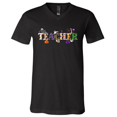 Groovy Halloween Retro Teacher Life V-Neck T-Shirt