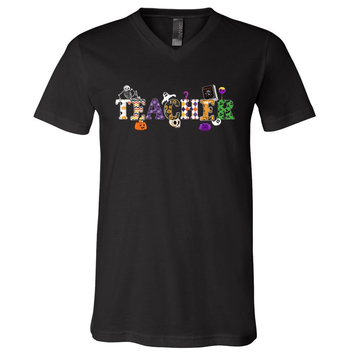 Groovy Halloween Retro Teacher Life V-Neck T-Shirt