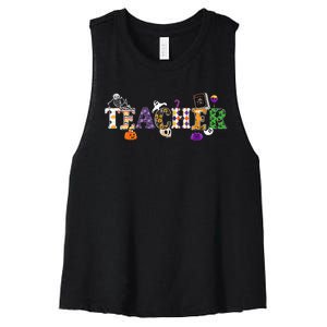 Groovy Halloween Retro Teacher Life Women's Racerback Cropped Tank