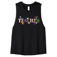 Groovy Halloween Retro Teacher Life Women's Racerback Cropped Tank