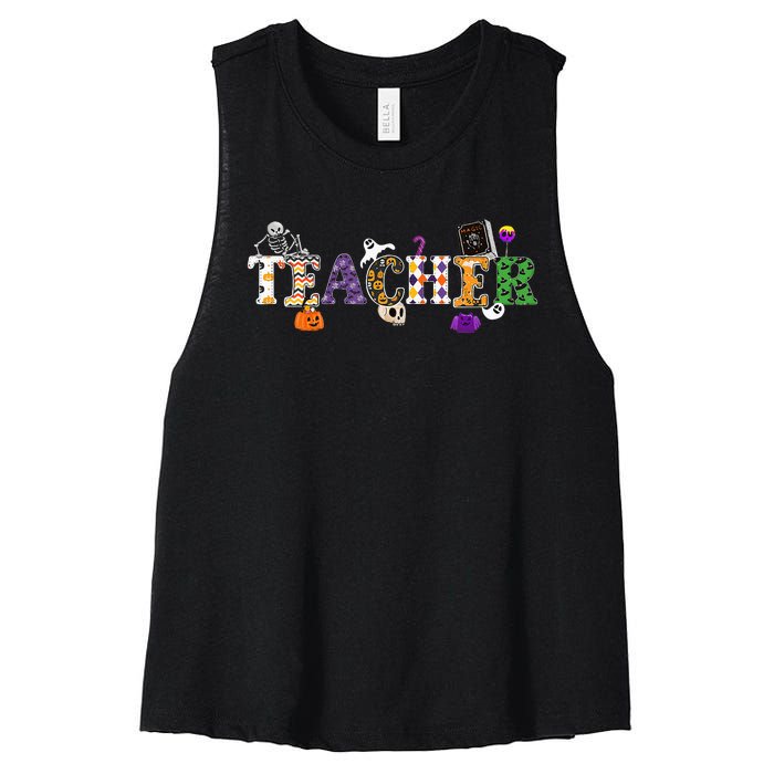 Groovy Halloween Retro Teacher Life Women's Racerback Cropped Tank