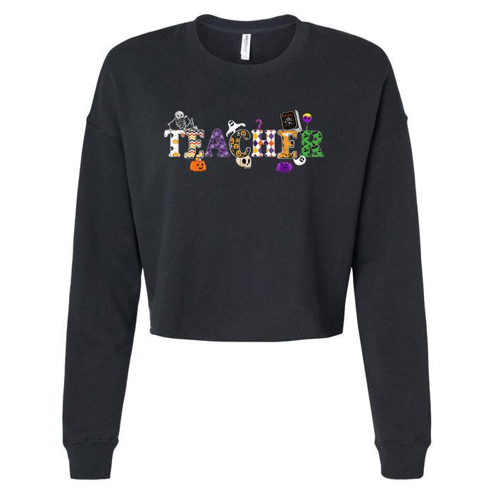 Groovy Halloween Retro Teacher Life Cropped Pullover Crew