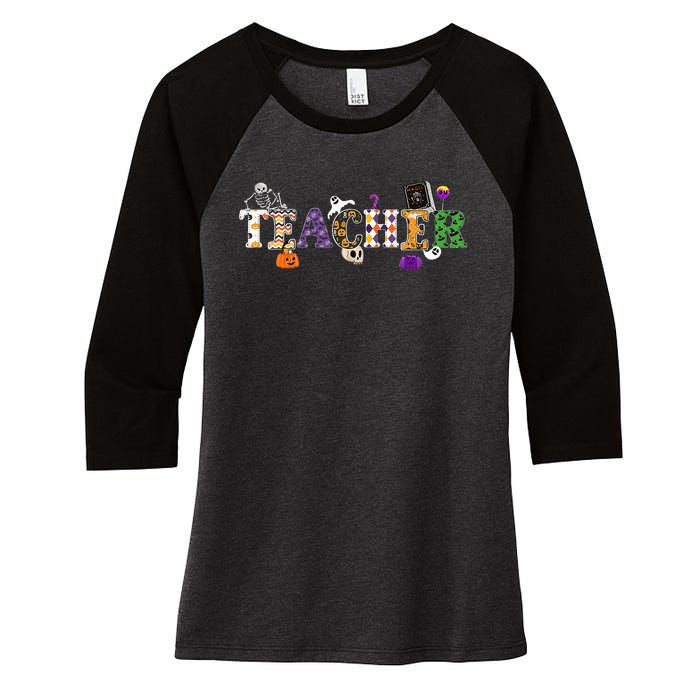 Groovy Halloween Retro Teacher Life Women's Tri-Blend 3/4-Sleeve Raglan Shirt