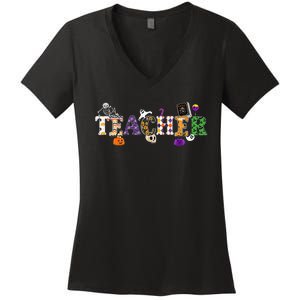 Groovy Halloween Retro Teacher Life Women's V-Neck T-Shirt