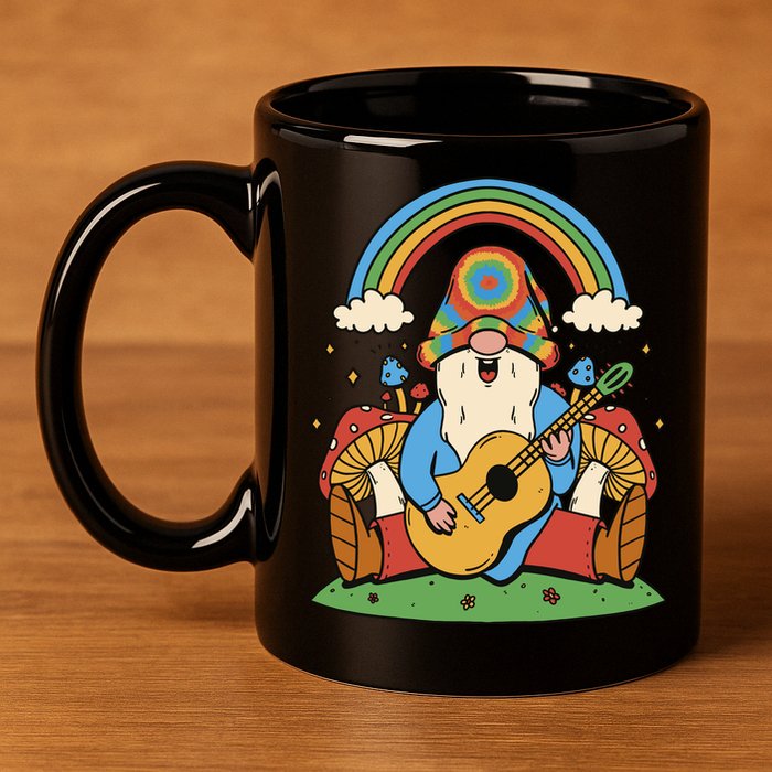 Gnome Hippie Rainbow Guitar 11oz C Handle Ceramic Mug