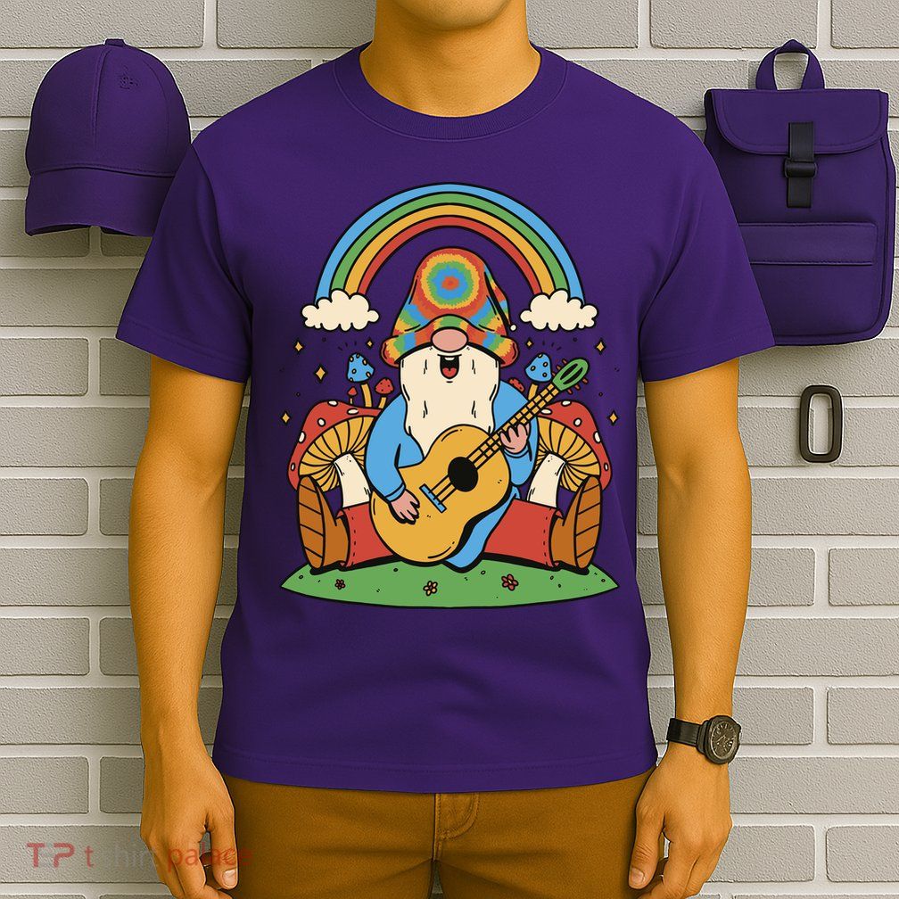 Gnome Hippie Rainbow Guitar T-Shirt