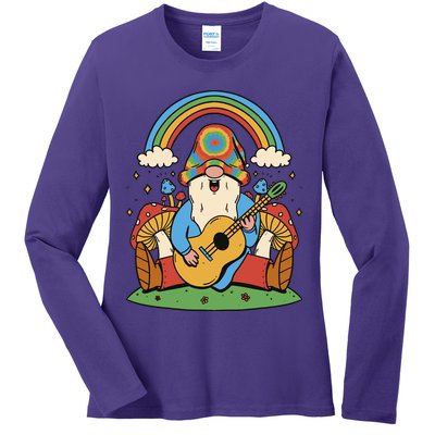 Gnome Hippie Rainbow Guitar Ladies Long Sleeve Shirt